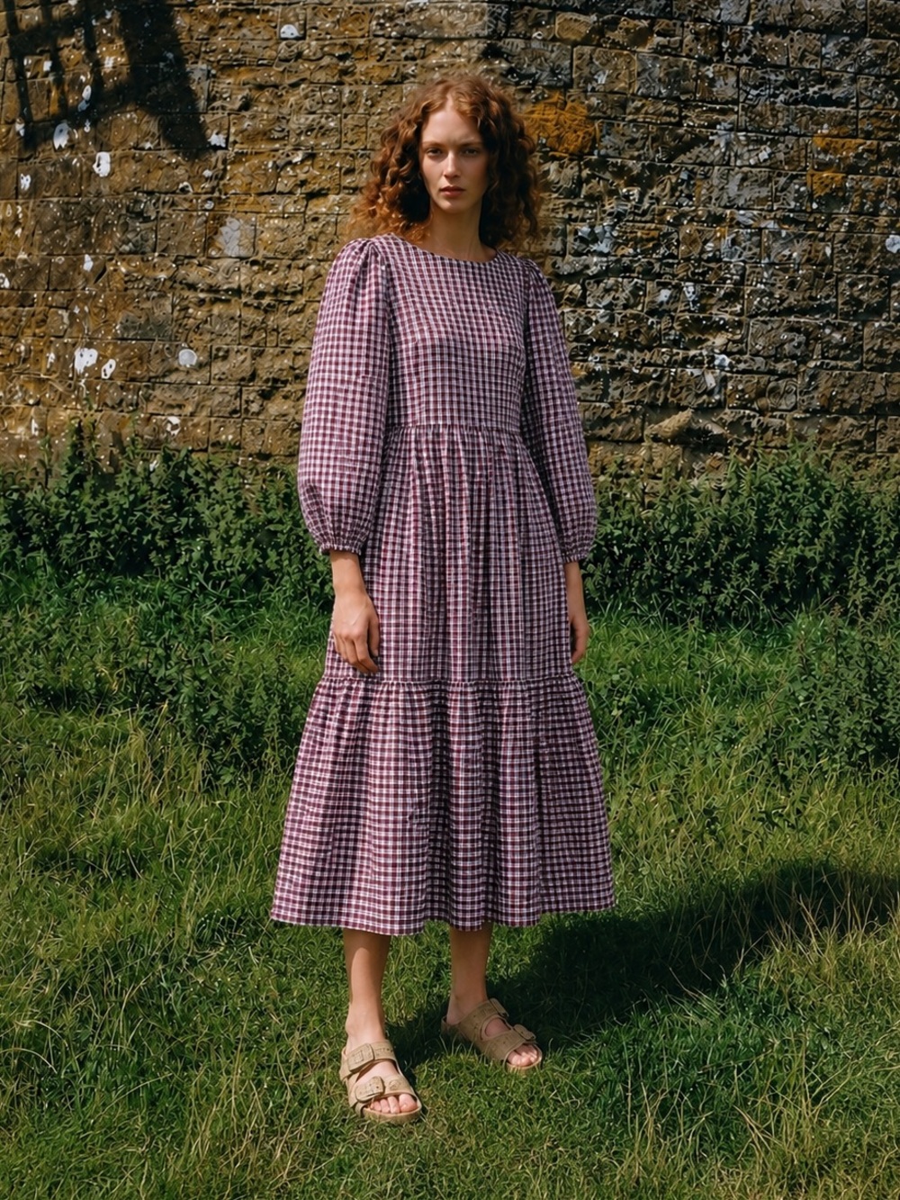 Loeffler Randall Gingham Check Tiered Puff Sleeve Summer Dress